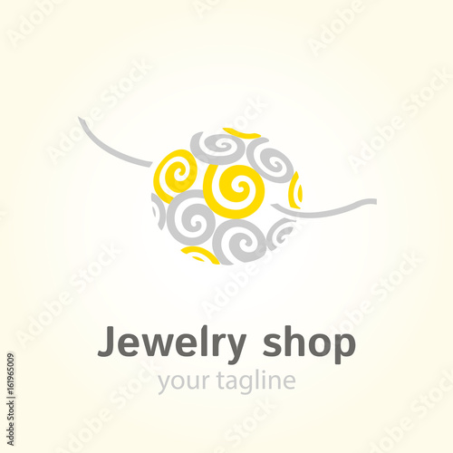 Vector logo template for jewelry shop or store. Bead with ether symbol in yellow and gray colors. EPS10. Jewel icon. Simple and modern logotype.
