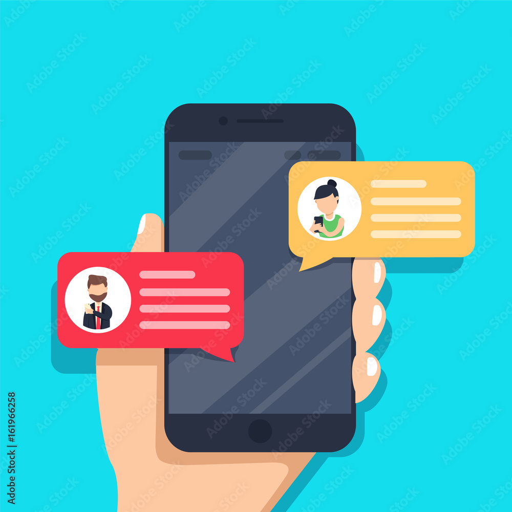 Chat messages notification on smartphone vector illustration, flat cartoon sms bubbles on mobile phone screen Chat messages notification on smartphone vector illustration, flat cartoon sms bubbles on mobile phone screen
