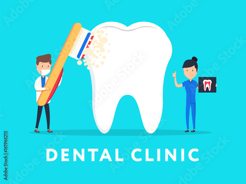 Dental clinic concept design for web banners, infographics. Stomatology dentist at work. Flat style vector illustration.