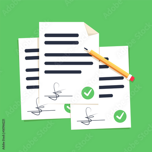 Contract documents pile vector illustration, flat cartoon stack of agreements document with signature and approval.