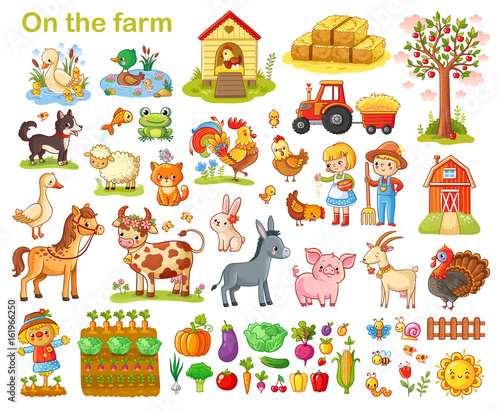 Farm set with animals, pets, livestock and vegetables on a white background. Young farmers and farming. Vector illustration.