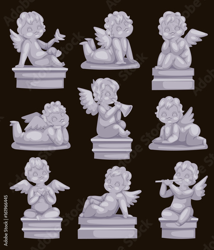 Beautiful statue of angel praying isolated marble antique sculpture or monument and cupid boy statue stone decoration symbol vector illustration.
