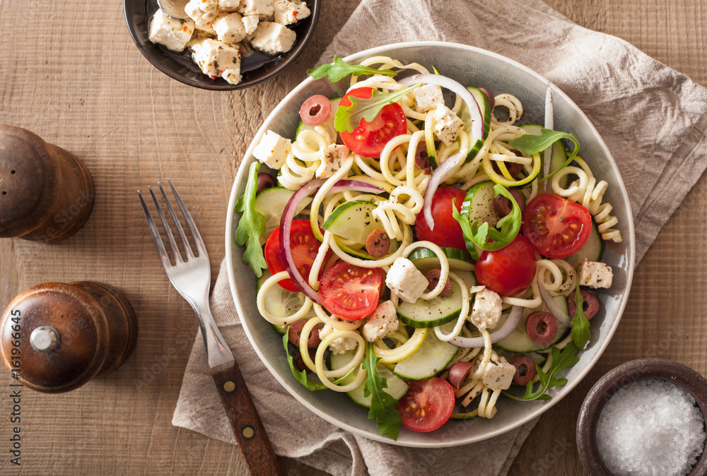 spiralized courgette salad greek style with tomato feta olives cucumber spiralized courgette salad greek style with tomato feta olives cucumber