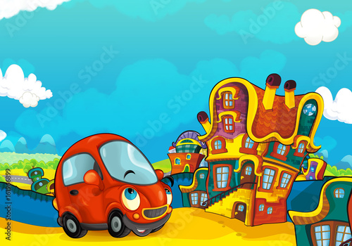 Cartoon sports car smiling and looking in the parking lot - illustration for children © honeyflavour