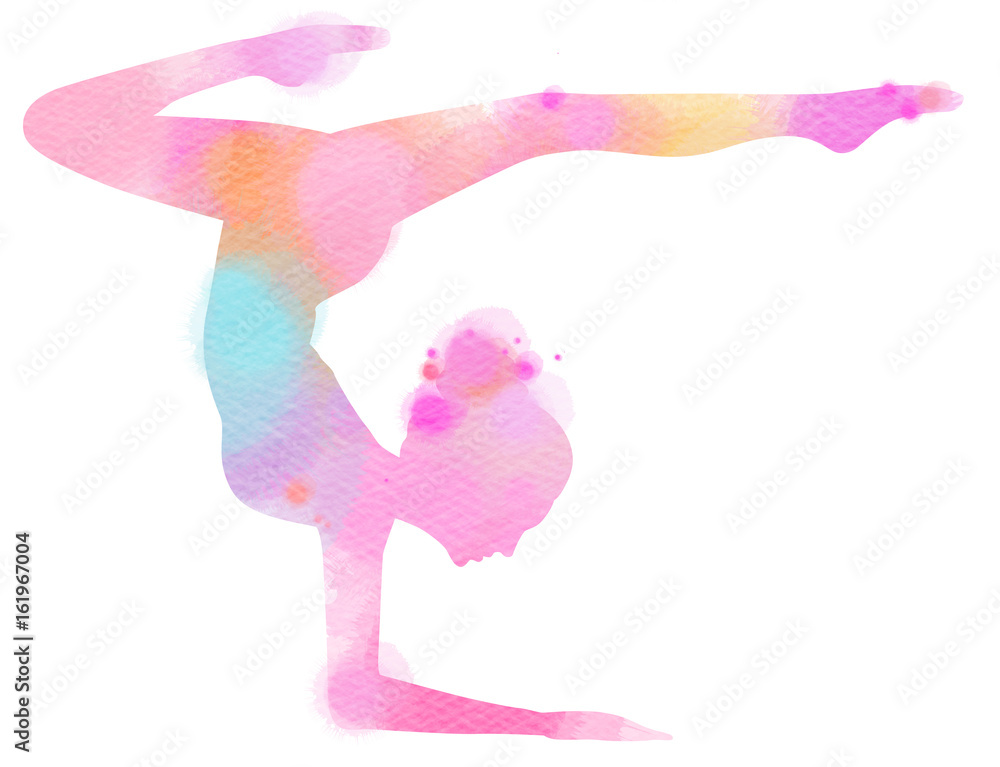 Double Exposure Illustration. Side view of Young Woman Doing Yoga