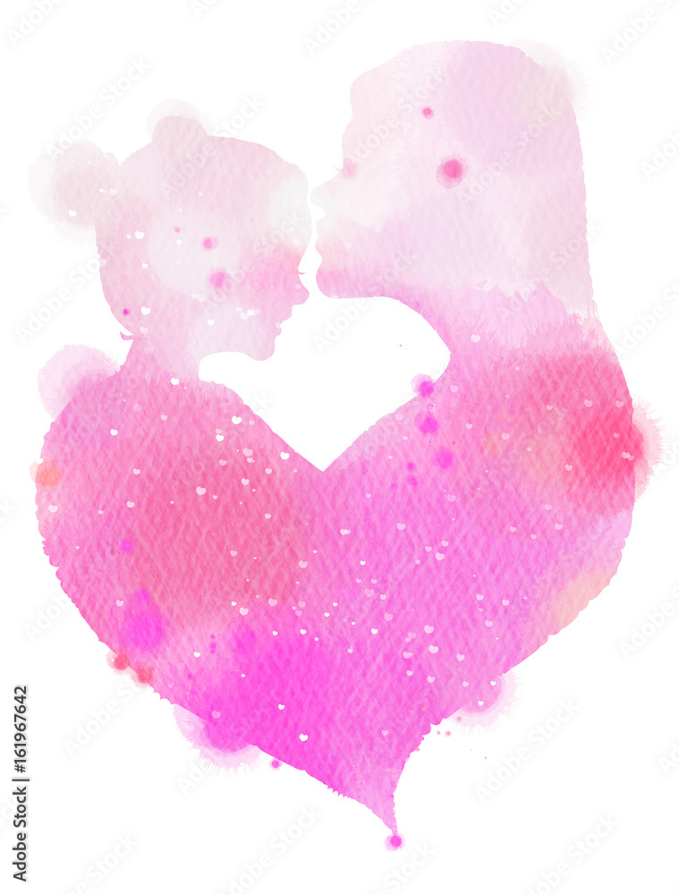 Double exposure illustration. Side view of Mother and baby silhouette plus abstract watercolor painted. Happy mother's day. Digital art painting