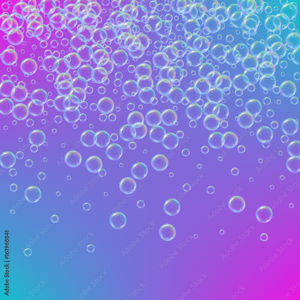 Shampoo foam in raining with realistic water bubbles on trendy gradient background. Cleaning liquid soap foam for bath and shower. Shampoo rainbow bubbles. Swimming pool flyer and invite.