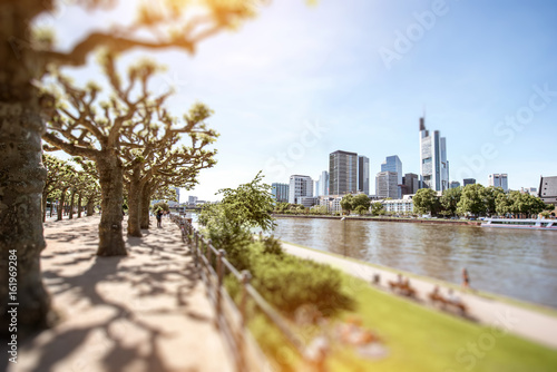Fototapeta Naklejka Na Ścianę i Meble -  View on the financial district with Main river and park in Frankfurt city, Germany