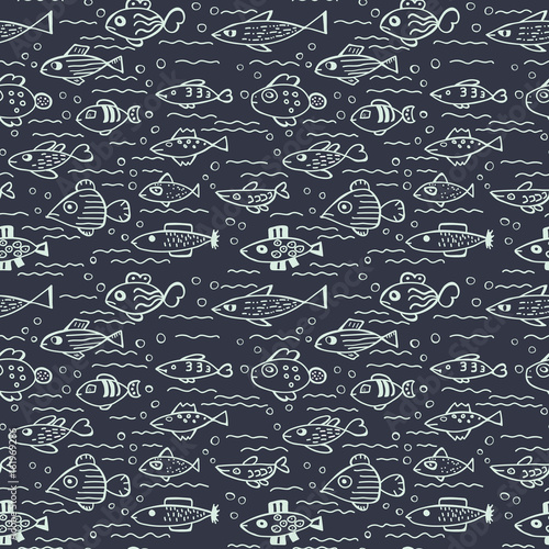 Vector illustration of cute fishes. Seamless pattern.