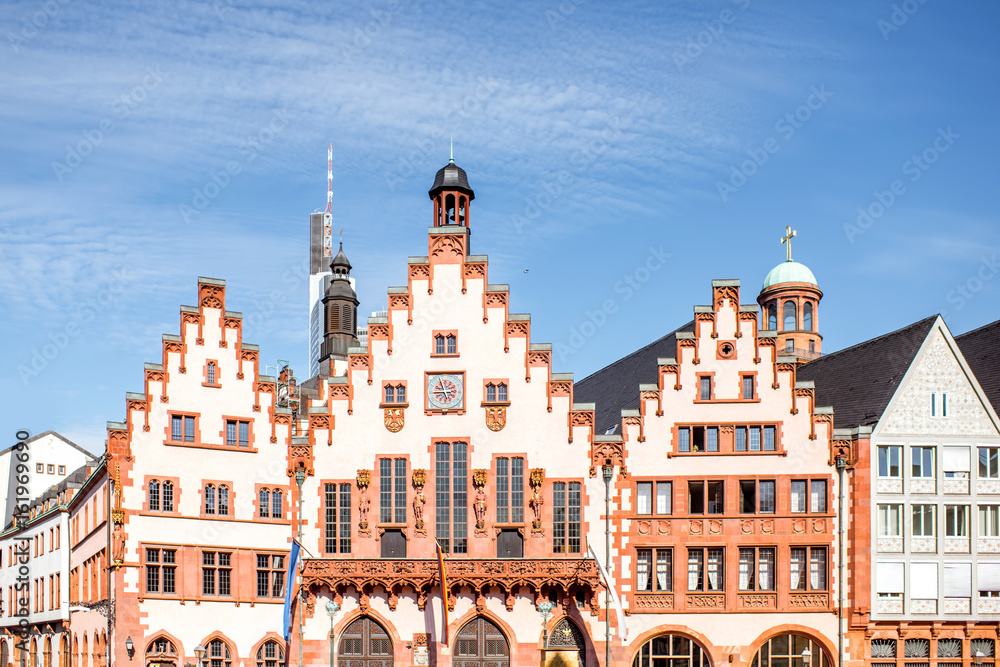 View on the city hall facade on the Roemer square at the old town in Frankfurt city