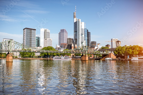 Morning view on the financial district with Main river in Frankfurt city  Germany
