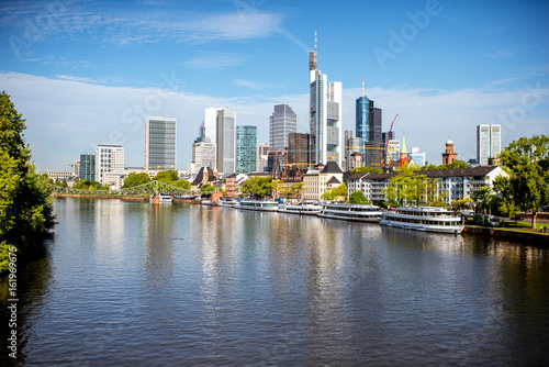 View on the financial district with Main river in Frankfurt city  Germany