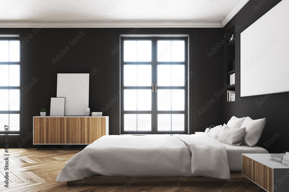 Black bedroom interior, poster, side