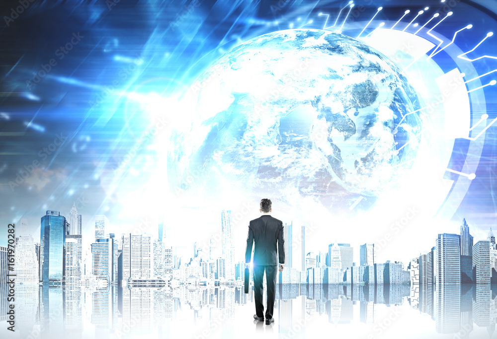 Man with a suitcase looking at a city, hologram Man with a suitcase looking at a city, hologram