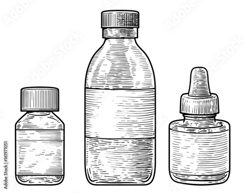 Ink bottle illustration, drawing, engraving, ink, line art, vector