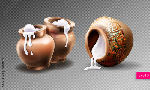 three realistic clay pots with sour cream