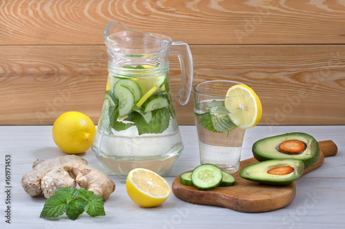 Полезный для здоровья напиток из воды,лимона,имбиря,огурца,авокадо и листьев мяты,Рецепт приготовления