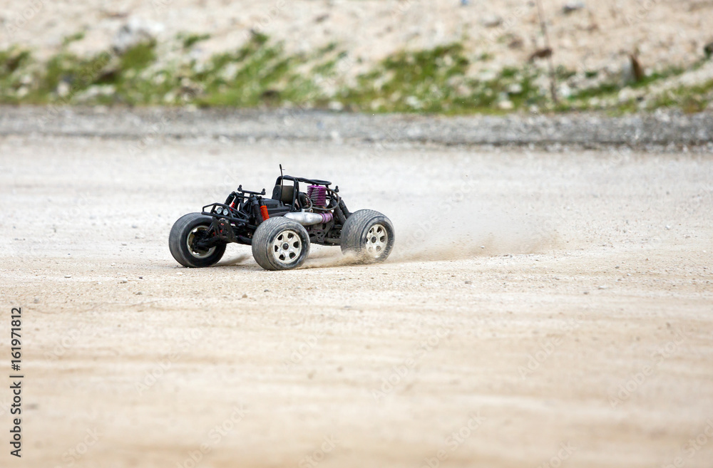 Radio controlled car model in race