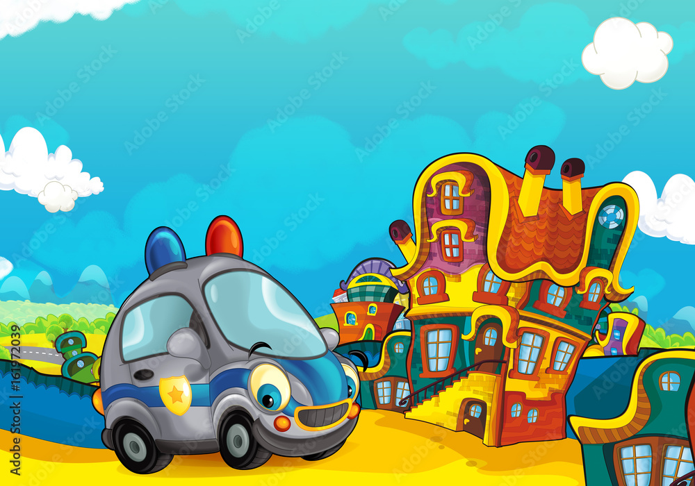 Cartoon police car smiling and looking in the parking lot - illustration for children