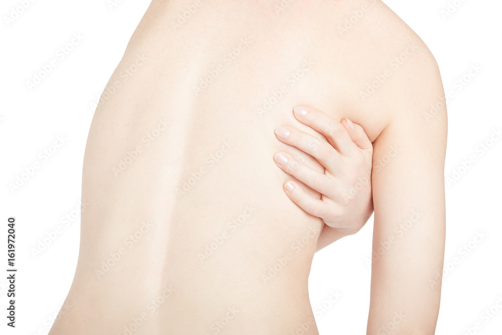 Fototapeta premium Woman with shoulder blade pain isolated on white, clipping path included