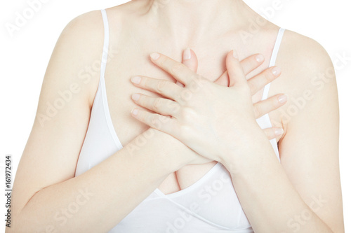 Woman with chest pain, heart attack isolated on white, clipping path
