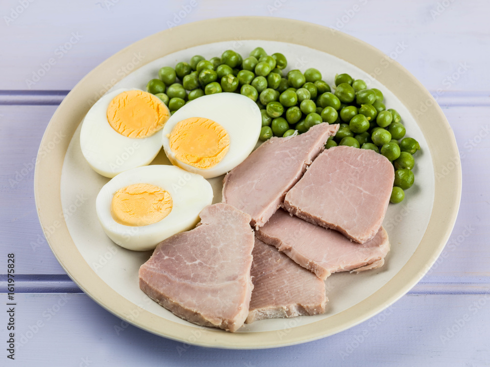 Cooked Ham and Egg Salad With Green Garden Peas Cooked Ham and Egg Salad With Green Garden Peas