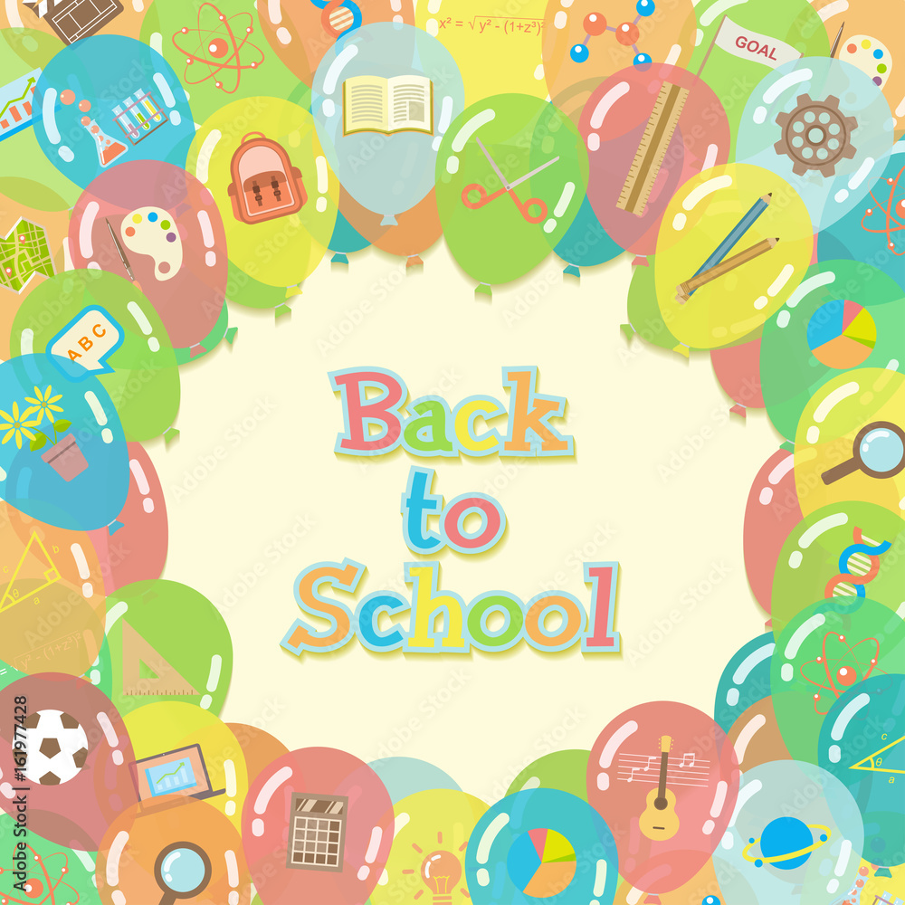 Back to school background surrounded by colorful transparent balloons with course and school item icons in flat style