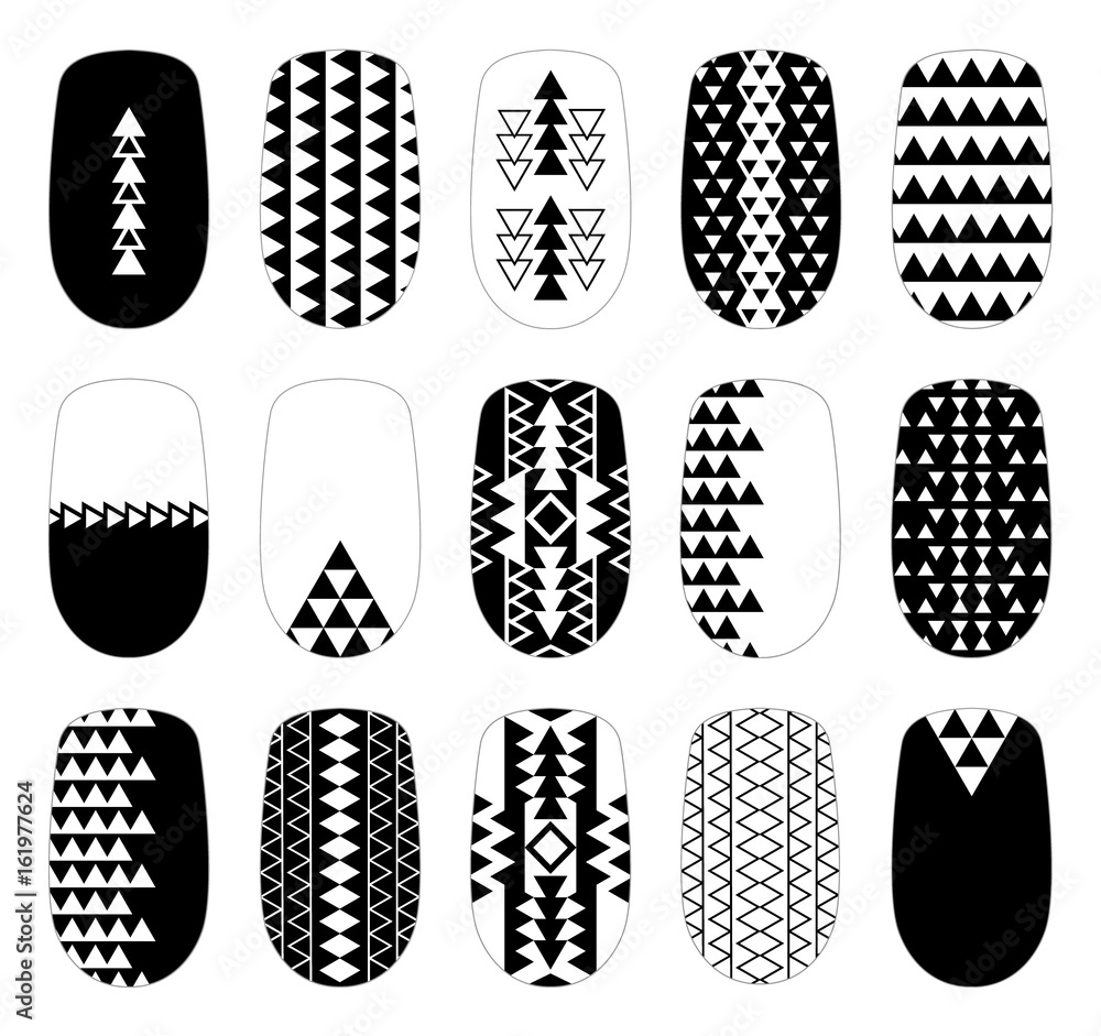 Nail art blackandwhite geometric design templates. Manicure design