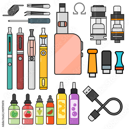 Vape device vector set cigarette vaporizer vapor juice bottle flavor illustration battery coil.
