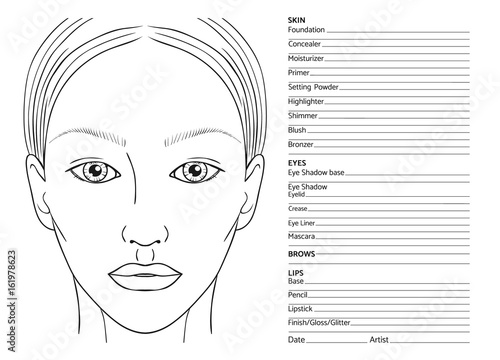 Female face chart blank for professional make-up artists. EPS 10 vector.