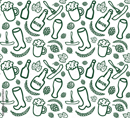 Seamless beer pattern with bottles, cups, glasses, sausages, hop cones and ears of wheat in sketch style. Vector background with simple beery doodles. EPS 10 ilustration.