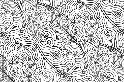 Monochrome seamless curly vector pattern made of feathers. EPS 10 black and white hand-drawn background of wavy lines. Can be used for fabric, wallpaper, pattern fills, surface textures.