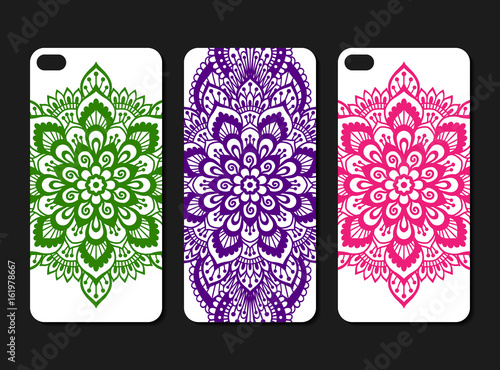 Ornate phone case design set. Indian ethnic style smartphone cover pattern. Three colourful bright decals for mobile. EPS 10 vector hand-drawn vintage background. Islated on white.