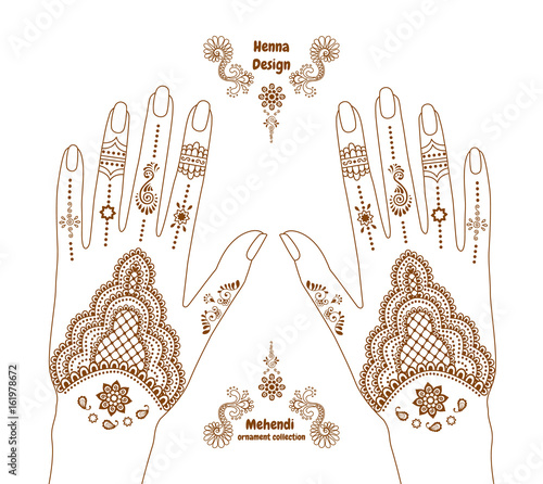 Vector henna tattoo hands background. Mehendi ornament design. Indian ethnic style ornate pattern. EPS 10 illustration isolated on white. 