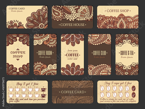 Coffee card design set in Indian style. Vertical and horizontal cards with loyalty program.  EPS 10 vector template collection.  