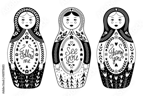 Russian traditional nested doll vector set. Three vintage babushka dolls with lettering inscriptions. Nesting dolls collection with phrases. EPS 10 illustration isolated on white background.