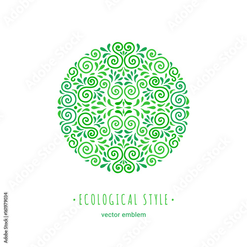 Ecology style flourish emblem. Decorative ornamental circle made of green swirls and leaves. Eco design round embellishment. EPS 10 vector illustration. Isolated.