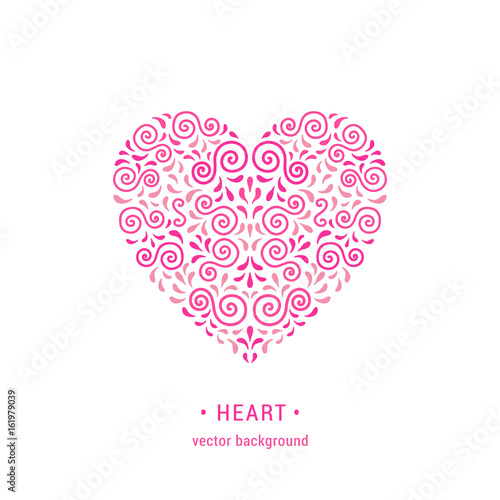 Heart Ornamental pink heart made of swirls and leaves. Romantic retro style flourish emblem. EPS 10 vector illustration. Valentine's day card design template. Isolated on white background