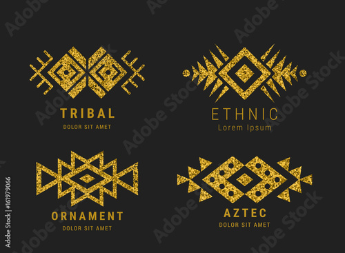 Aztec style geometric vintage logo set. Gold glitter texture. American indian ornate pattern design. Tribal decorative template. Ethnic ornamentation. EPS 10 vector. Metallic ornamental  retro emblem.