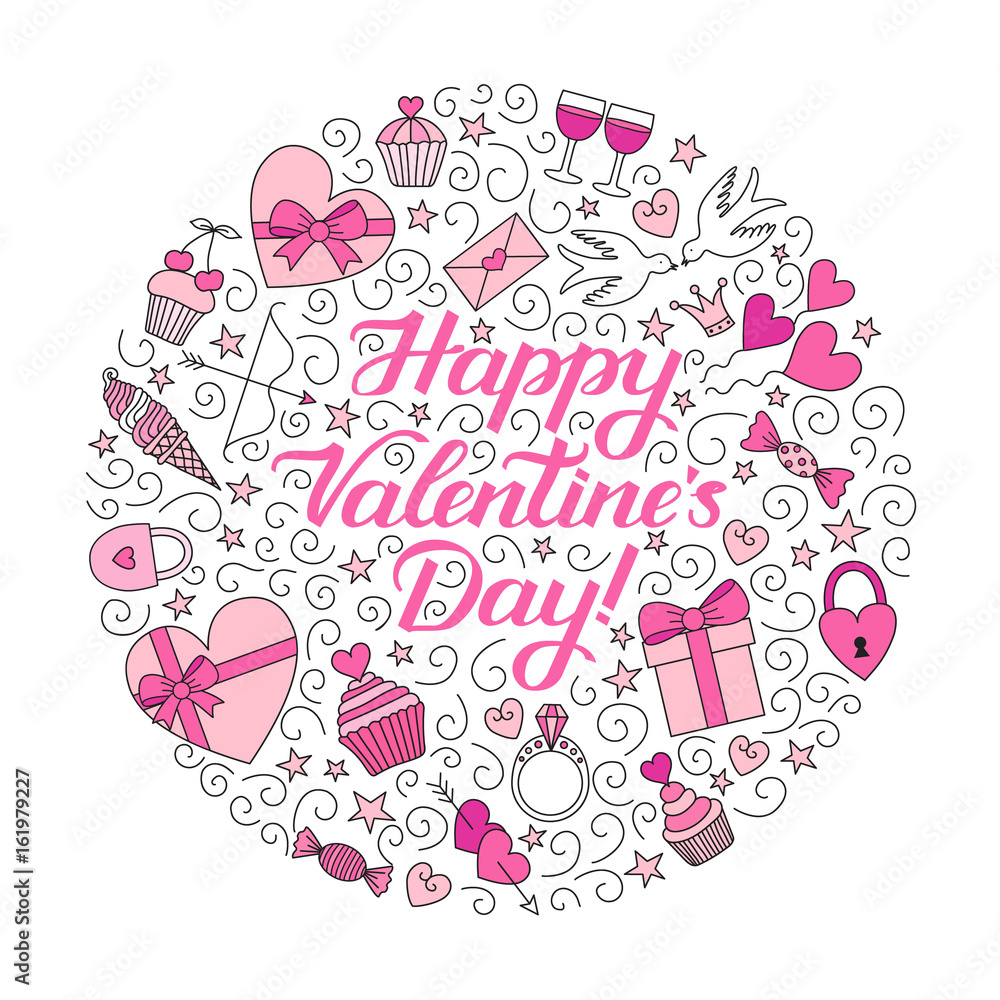 Doodle background with hand-drawn lettering phrase Happy Valentine's Day! Round composition shades of pink. EPS 10 vector illustration. Doodle background with hand-drawn lettering phrase Happy Valentine's Day! Round composition shades of pink. EPS 10 vector illustration.