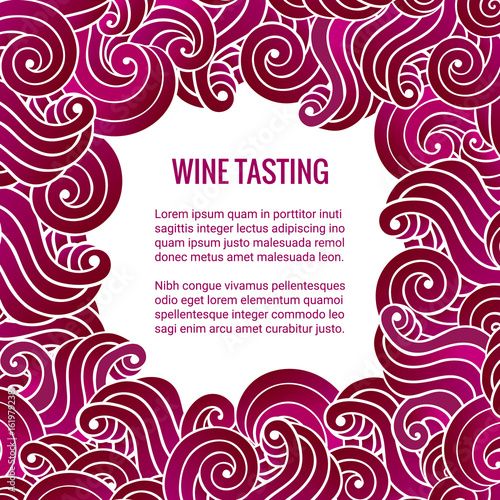 Wine tasting squared card. Frame design made of purple swirls. Brochure template. Clipping mask. EPS 10 vector illustration.