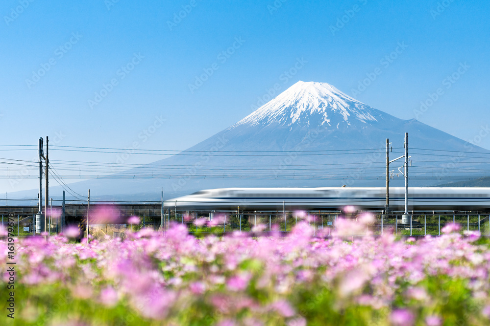 Naklejka premium Tokaido Shinkansen pociąg pocisk przechodzi przez Mount Fuji, Yoshiwara, Prefektura Shizuoka, Japonia