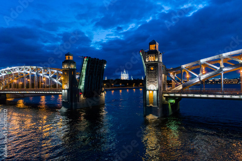 Aerial view of the night Bolsheokhtinsky bridge  The Bridge of Peter the Great  