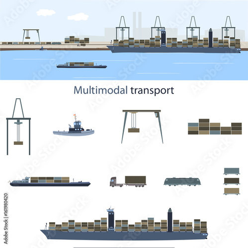 Multimodal transport and logistics. Container vessel, freight train and truck with a lot of containers in a sea harbor for multimodal transport. 