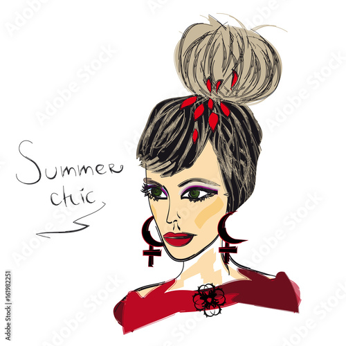 Model with hair bun and  earrings -symbol Lilith