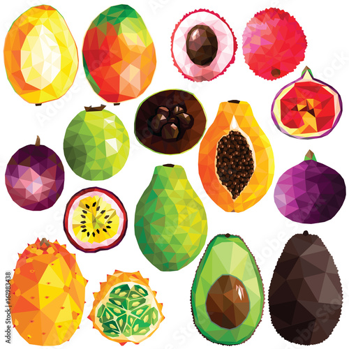Exotic fruit set colorful low poly designs isolated on white background. Vector edible food illustration. Collection of full and cut in half tropical plants in modern style. Organic raw wild fruits. 