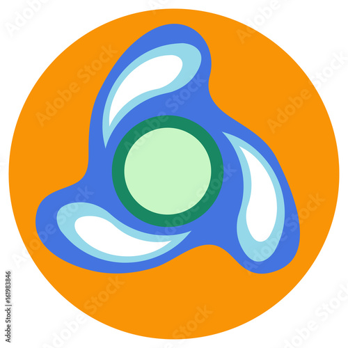 Blue spinner with blue drops on the blades a flat style. Vector image on a round orange background. Element of design, interface