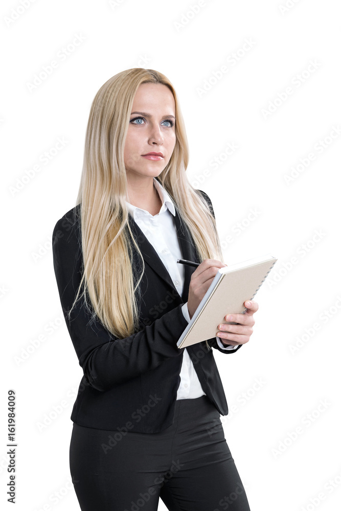 Portrait of a blond woman with a copybook, isolated Portrait of a blond woman with a copybook, isolated
