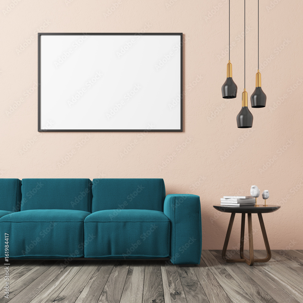 Fototapeta Beige living room, blue sofa
