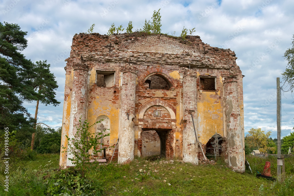 Ruined Church of the Holy virgin (1825-1836) at the village Korotsko. Russia, Novgorod oblast